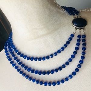 Handcrafted triple strand lazurite bead oval lapis stone clasp necklace